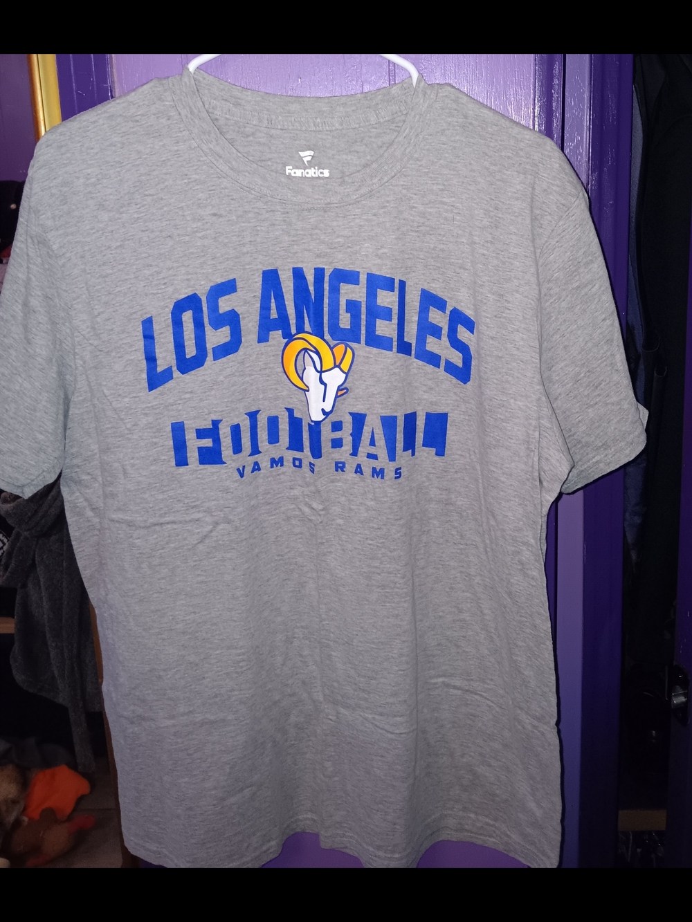 Fanatics Grey Los Angeles Rams Crew Neck T-Shirt with Blue and Gold Logo